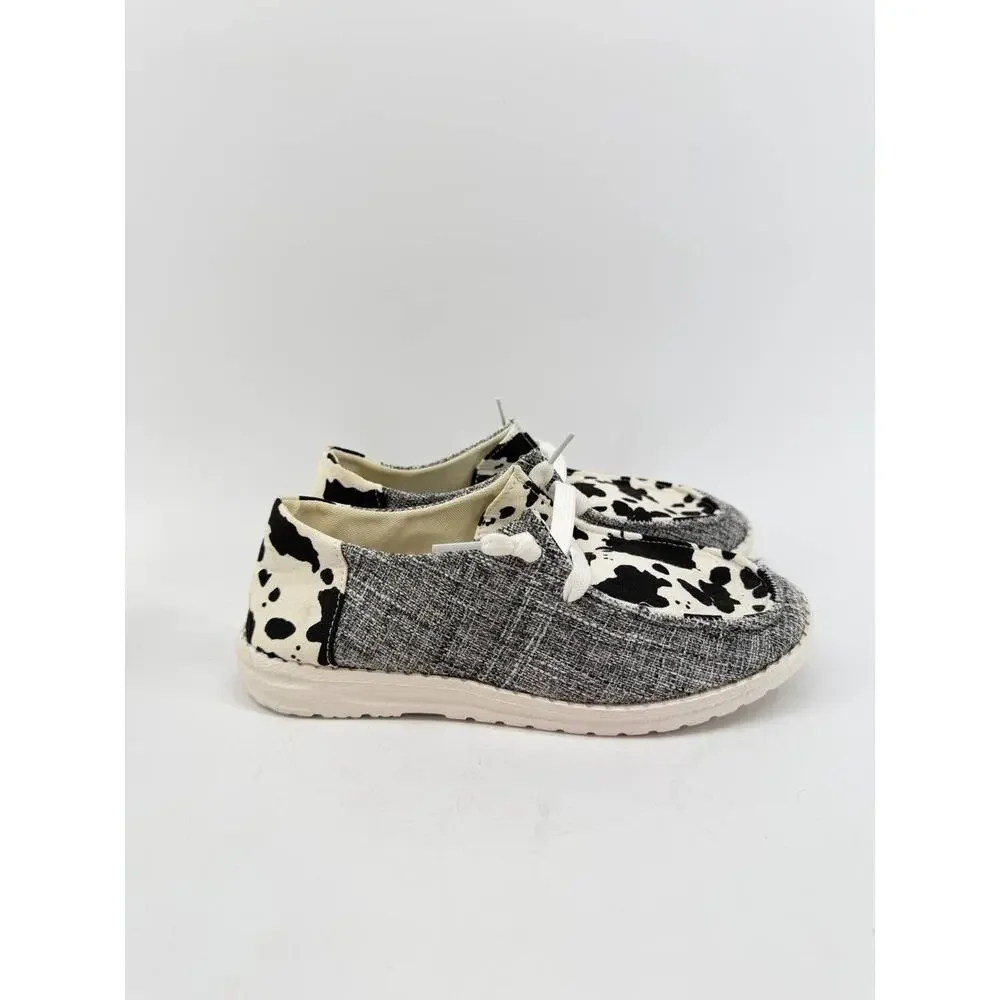 Womens Cow Print Canvas Slip On Shoes Black White Gray EU 36 Casual Loafers